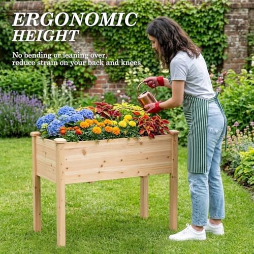Raised Garden Bed with Legs, 32x16x30 inch Wood Elevated Planter with Protective Liner for Vegetable Flower Herb, Outdoor Planter Box Kit for Balcony Patio Backyard, Natural