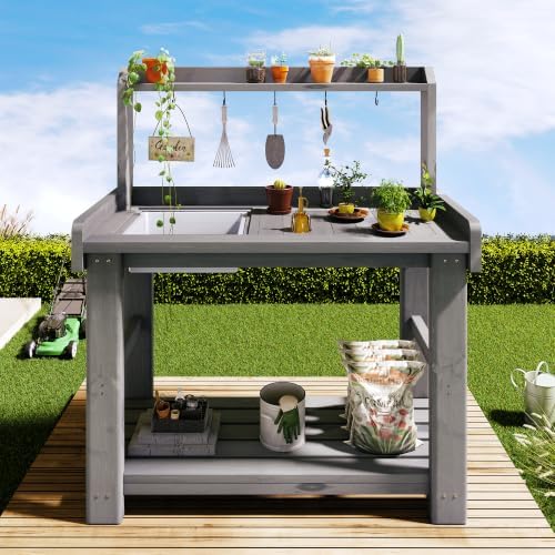 Jocisland Outdoor Solid Wood Potting Bench with Tabletop, Sink&Shelf, Gray