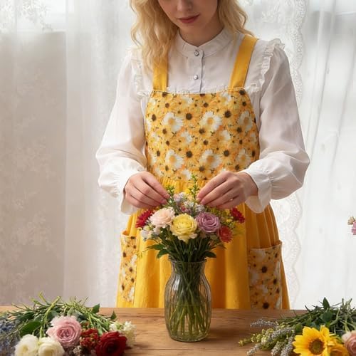 Cotton Linen Apron Cross Back Apron for Women with Pockets Pinafore Dress
