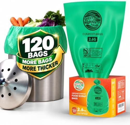 RAYTID Compostable trash Bags 2.6 Gallon Compost Bags for Kitchen Countertop Bin 1.3,2,3, Gallon, 120 Count,Small Kitchen Food Scrap Waste Bags,ASTM D6400, US BPI & Europe OK Compost Home Certified