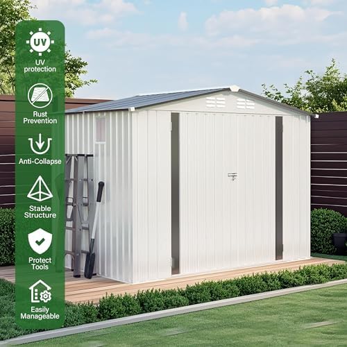 8x6 FT Outdoor Storage Shed, Metal Garden Shed with Window, Outside Tool Sheds with Lockable Hinged Doors, Waterproof Storage Building with 4 Air Vents for Backyard, Patio, Lawn, White
