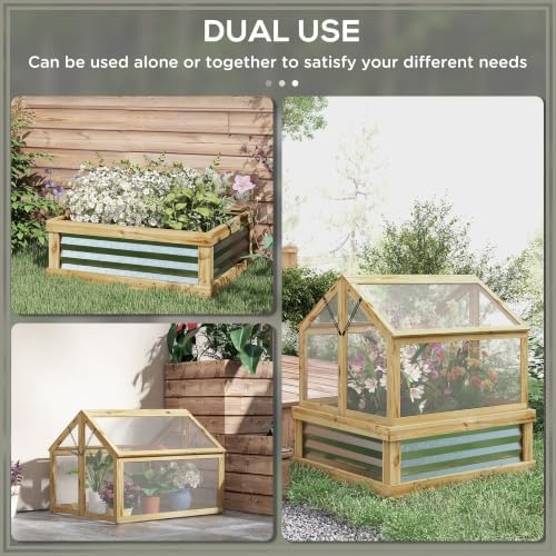Outsunny Wooden Raised Garden Bed with Polycarbonate Greenhouse, Natural