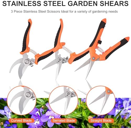 3 Pcs Garden Pruning Shears, Stainless Steel Gardening Scissors