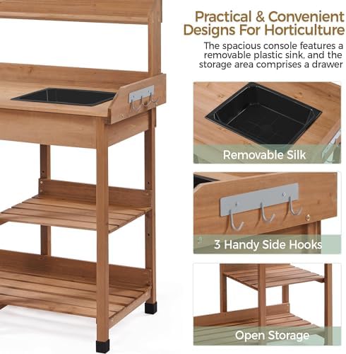 Yaheetech Potting Bench with Sink & Drawer, Outdoor Gardening Table, Brown