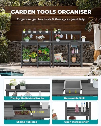 SERWALL Outdoor Potting Bench with Removable Sink,Gardening Table,Grey