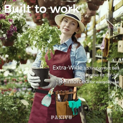 Garden Tool Belt for Women & Men, Slim Denim Garden Apron with 4 Pockets, Lightweight Adjustable Tool Pouch for Gardening, Florist, DIY & Craft, Khaki