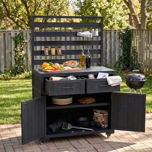 Solid Wood Grill Prep BBQ Table,Garden Potting Bench with Stainless Table Top,3 Movable Shelves and 2 Drawers (Black-LP)