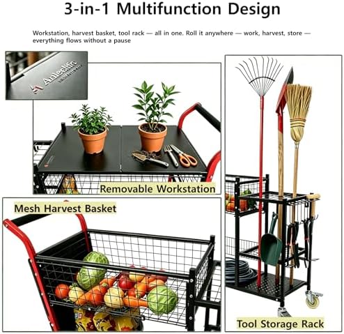 Anleolife 3-in-1 Garden Cart: Workstation, Harvest Basket & Tool Rack