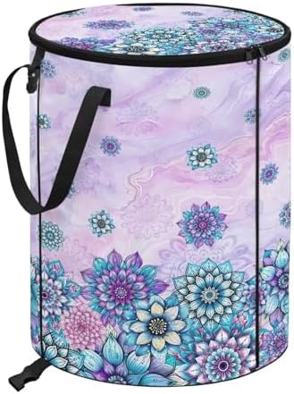 Outdoor Camping Collapsible Trash Can - Purple Boho Flowers Blossom 24 Gallon Large Capacity Garden Leaf Bin Reusable Foldable Yard Waster Bag with Lid and Handles