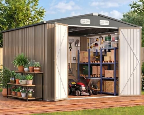 Gizoon 10x10 FT Outdoor Storage Shed, Metal Heavy-Duty Shed, Light Brown