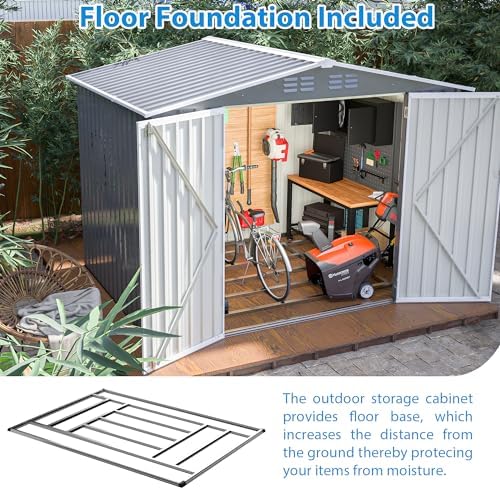 6x8 FT Outdoor Storage Shed, Metal Garden Shed with Frame Floor, Outside Tool Shed with Lockable Hinged Doors, Waterproof Storage Building with Sloped Roof for Backyard, Patio, Lawn, Gray