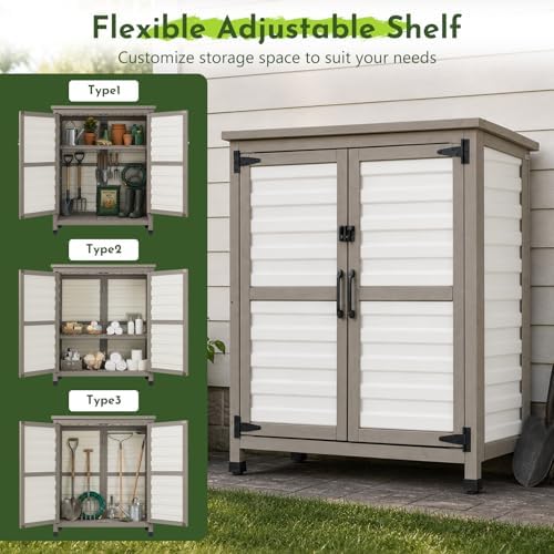 Small Outdoor Storage Cabinet with Shelf,White Wood & Plastic Storage Shed with Waterproof Roof for Backyard, Patio,Garage, Outside Cabinets for Gardening Tools