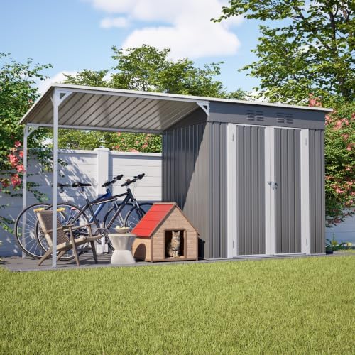2-in-1 Metal Storage Shed & Hardtop Gazebo Combo, 12x4 FT Lean-to Garden Tool Shed with Open-Sided Pergola for Backyard Patio