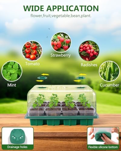 12 Cell Seed Starter Kit with Grow Light Heating Mat & Silicone Pots
