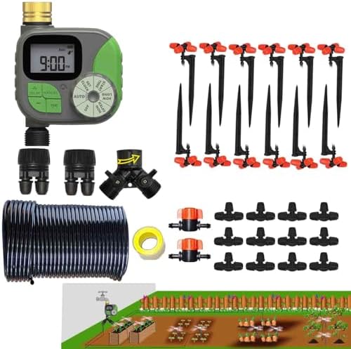 Drip Irrigation Kit Automatic Watering System with Water Timer 64FT 1/4 Tubing and 12 Rain Spray Watering Nozzles in 4 Directions for Potted Plants Yard Lawn Juvenile Plants Greenhouse Mist