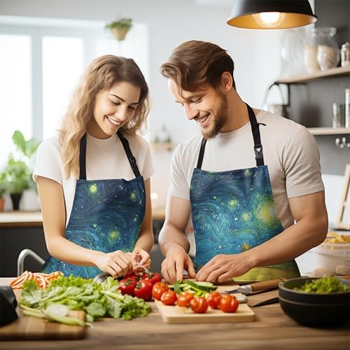 Fall Aprons Golden Sunflower Wheat Field Under Van Gogh Starry Night Apron with Pockets Adjustable Strap Autumn Kitchen Chef Apron Art Apron for Painting Crafting Cooking Barbecue Sewing