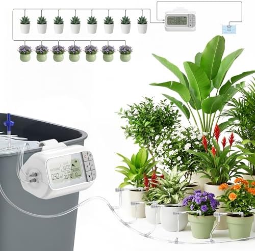 Auto Irrigation System, Battery Power Drip Watering System with Programmable Timer & Anti-Siphon Valve for 15 Indoor Outdoor Potted Plants