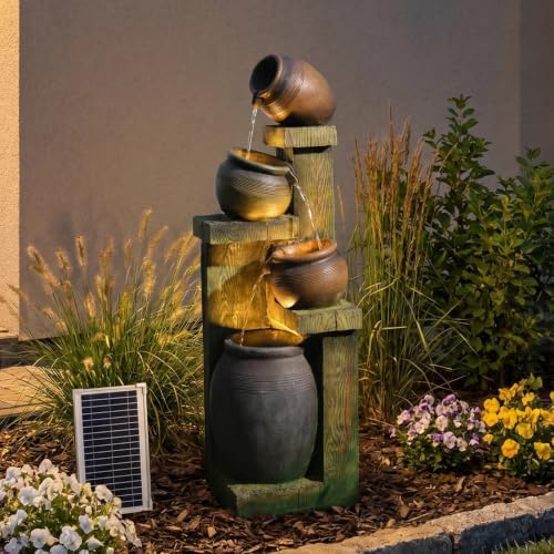 37" Solar Pot Fountain Outdoor 4-Tier with LED Lights