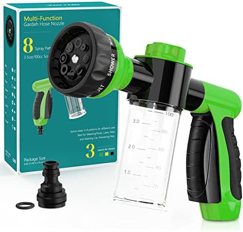 Garden Hose Nozzle, High Pressure Spray Gun Nozzle, 8 Spray Patterns for Watering Plants, Lawn, Patio, Cleaning, Showering Pet with 3.5oz/100cc Soap Dispenser Bottle