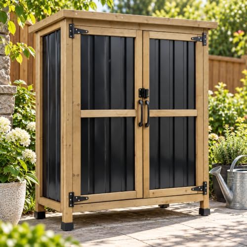 Outdoor Garden Storage Cabinet with Asphalt Roof, Lockable Double Doors