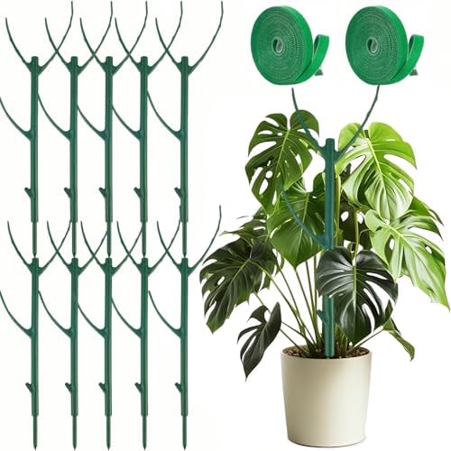 10 Pack Stackable Monstera Plant Support Climbing Plants Support Structures for Indoor Outdoor Plants Plant Holder Stick with Plant Ties for Support Tall Potted Plants, Bonus: 2 Roll of Gardening Tape