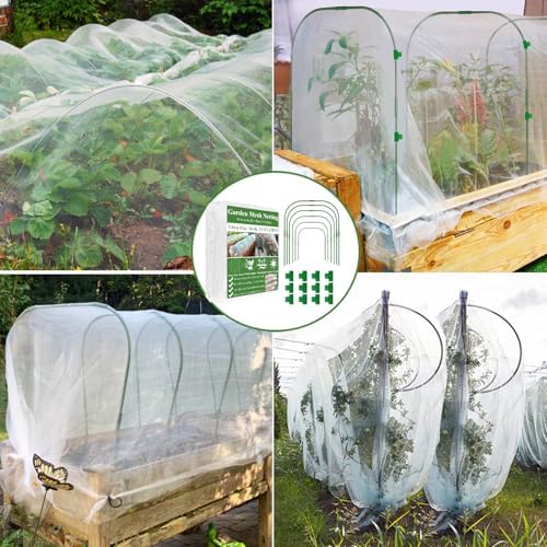 Garden Mesh Netting Kit, Plant Covers 10x30Ft Ultra Fine Mesh Netting & 6Pcs Garden Hoops &18 Clip, Garden Netting Kit for Raised Beds Plants Pest Barrier Greenhouse Row Cover Animal Protection Net