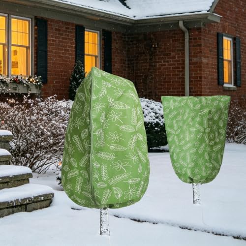 Homimp Plant Covers Freeze Protection,4 PCS Frost Covers with Zipper Drawstring (31.5" x 47.3") Plant Protection Cover Bags for Outdoor Winter Frost Cold Weather Shrubs Trees Jacket Covers,Green Print