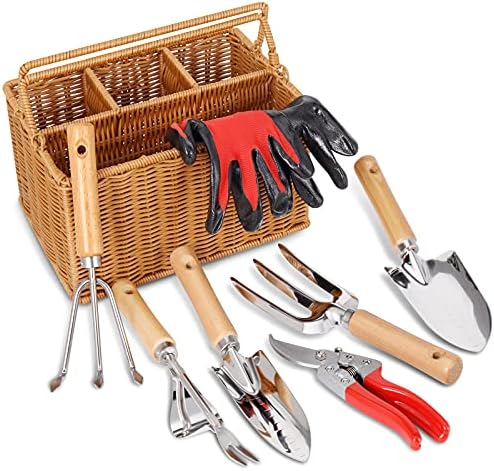 SOLIGT 8 Piece Garden Tools Set With Basket, Gardening Gifts For Women Men