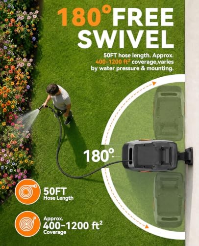 SUNPOW Retractable Garden Hose Reel - 1/2 inch x 50ft Heavy Duty Wall Mounted Hose Reel with 3/4 inch Brass Fitting & 10 Sprayer Nozzle - Any Length Lock, Auto Rewind System, 180°Swivel Bracket- Grey