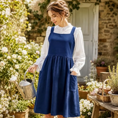 Cotton Linen Apron Cross Back Apron for Women with Pockets Pinafore Dress