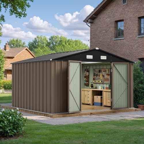 JUMMICO 10x8 FT Outdoor Storage Shed with Lockable Hinged Door, Brown