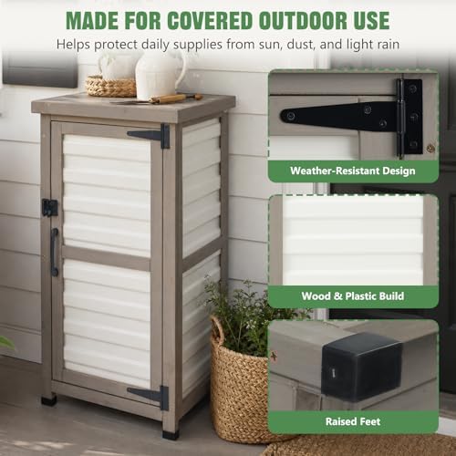 Outdoor Storage Cabinet, 33.5" H Compact Patio Storage Cabinet with Plastic Door Panels, Wood-Style Frame, 2-Tier Outdoor Organizer for Porch, Balcony, Backyard, Garden Supplies, Gray & White