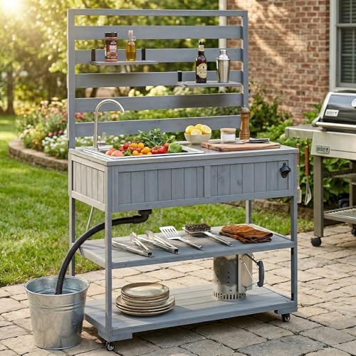 41.7'' Large Patio Rolling Kitchen Island,Solid Wood Kitchen Cart with Sink,Garden Potting Bench with Stainless Table Top,2 Movable Shelves and 1 Bottle Opener (Gray-RK)