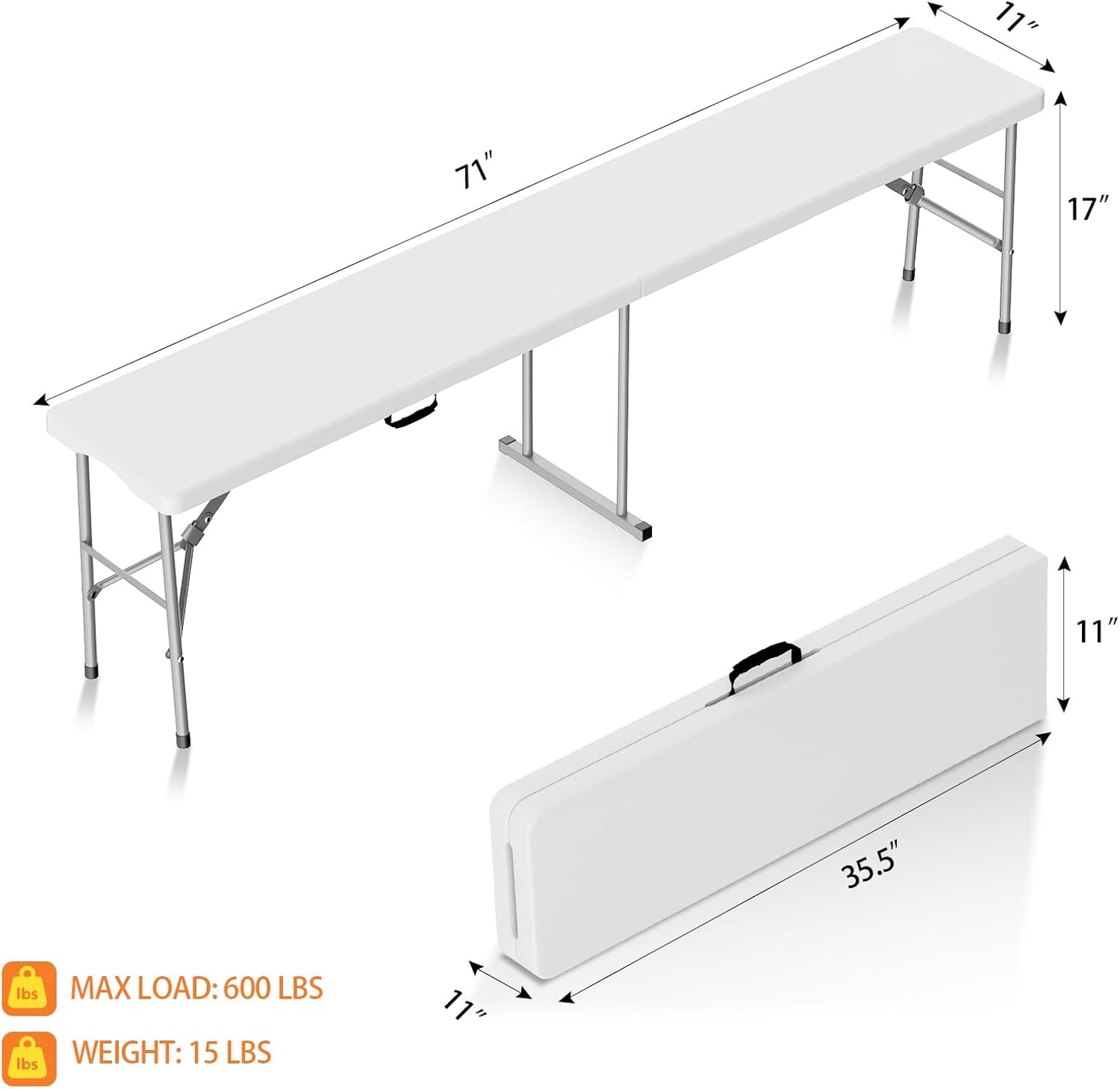 HLPB Folding Bench 6 ft, Foldable Plastic Bench with Handle and Smooth HDPE Tabletop, Protable in/Outdoor Picnic Party Camping Dining Seat, 2 Pack, White