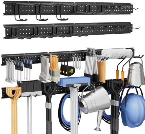 99" Garage Tool Organizer Wall Mounted, Heavy Duty Garage Wall Organizer with 18 Adjustable Hooks, Garden Tool Storage Rack, Holds Up to 700 lbs
