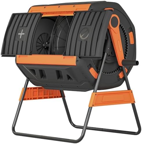 Brilluxa Outdoor Compost Bin, 53-Gallon Dual Chamber Tumbling Composter and Rotating Compost Tumbler with Adjustable Air Vents, BPA-Free Garden Waste Container, Orange