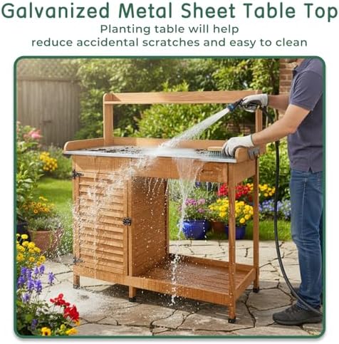 Potting Bench Table Work Bench with Storage Cabinet Outdoor Wooden Garden Workstation with Metal Tabletop/Drawer/Hooks/Open Shelf(41" LX 12.5" W X 49.2" H)
