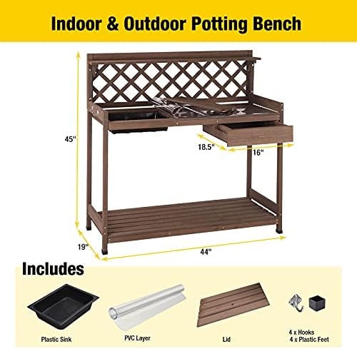 Aivituvin Potting Bench with PVC Layer, Outdoor Gardening Work Bench with Sink & Lid, Wooden Planting Table for Outside with Storage, Drawer, Shelf, Hook