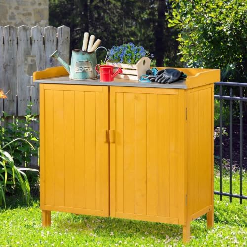 HABAU Outdoor Storage Cabinet with Potting Bench & Metal Tabletop, Wooden Planting Workstation for Garden Patio, Weatherproof
