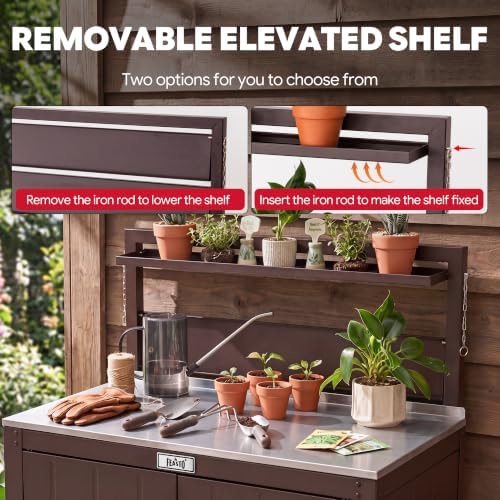 Feasto Outdoor Potting Bench Table with Storage Cabinet, Brown