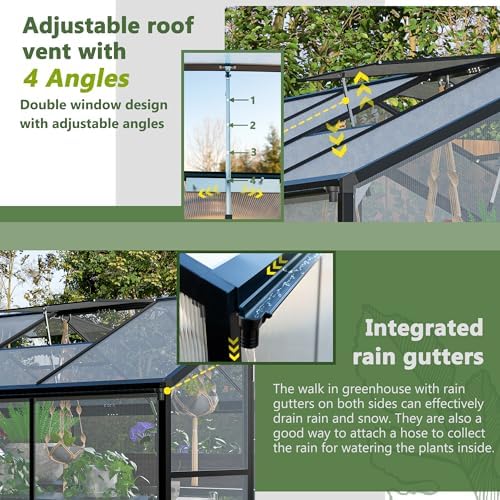 Walk-in Greenhouse for Outdoors Polycarbonate Aluminum Frame Large Garden Greenhouse with Roof Vent Lockable Door Quick Setup Structure for Backyard Patio, 100.1" L x 74.7" W x 80.4" H Black