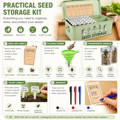 Seed Storage Box – Metal Seed Packet Organizer with Garden String and Bamboo Plant Labels. Seed Container Storage delivering complete Seed Saving Organization for every Garden Lover.