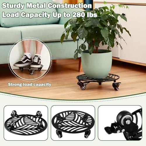 1 Pack 13 inches Metal Plant Caddy with Wheels Heavy-Duty Large Iron Rolling Plant Stand with Casters Indoor Outdoor Wheeled Plant Roller Base Pot Movers Plant Dolly Coaster Trolley Black