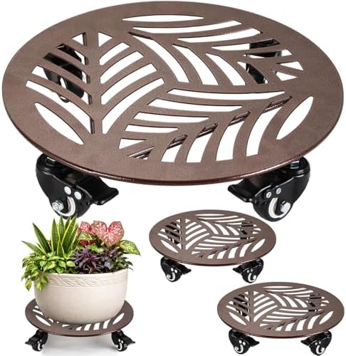 3-Pack Large Metal Plant Caddy with Wheels 13 Inches Heavy-duty Rolling Plant Stands with Casters Wheeled Flower Pot Mover Rollers Rust-proof Iron Planter Dolly Coasters for Indoor Outdoor Use