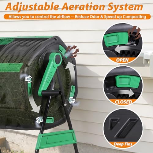 JupiterForc Outdoor Compost Bin 53 Gallon, Dual Chamber Compost Tumbler with Soil Tester, Thermometer & Gloves, Large Garden Composter for Backyard, Garden, Yard Waste and Kitchen Scraps