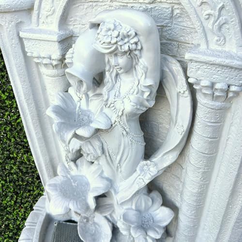 XBrand 30.3" Solar-Powered Wall Mounted Water Fountain with Maiden & Floral Detail, Tiered Waterfall Design for Garden, Yard or Courtyard, Durable Polyresin, Antique Stone