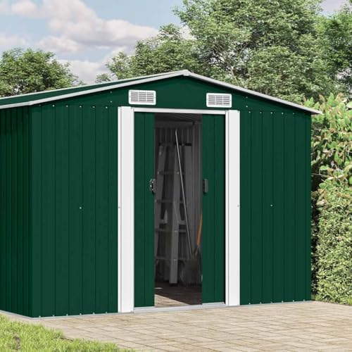 Large Metal Garden Shed 154.3 x 101.2 inch Storage House with Sliding Doors, Galvanized Steel Outdoor Backyard Utility Tool Shelter, Green