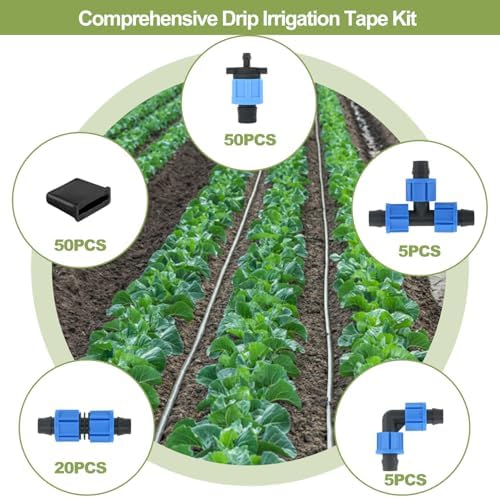 1640 ft 5/8" Drip Irrigation Tape Kit 15 mil Emitter Spacing 6" Flat Drip Tape with 140 PCS Drip Tape Connectors Automatic Irrigation Equipment for Garden Irrigation Emitter Flow:0.79 GPH