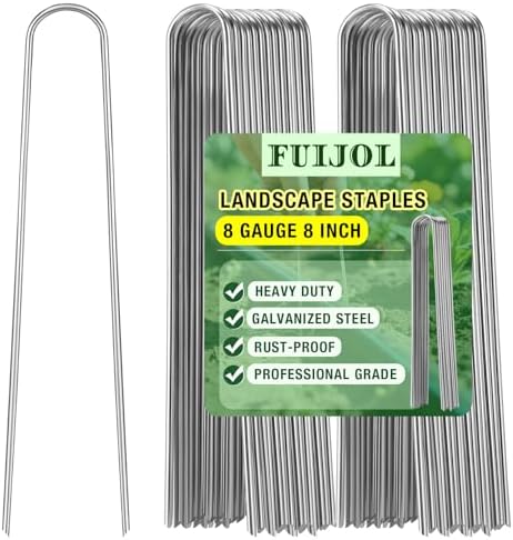 8 Gauge Landscape Staples, FUIJOL 8 Inch 15 25 50 100 Pack Heavy Duty U-Shaped Landscape Stakes, Galvanized Garden Staples for Weed Barrier Stakes, Ground Cover, Irrigation Tubing, Fence (25, 8 Inch)