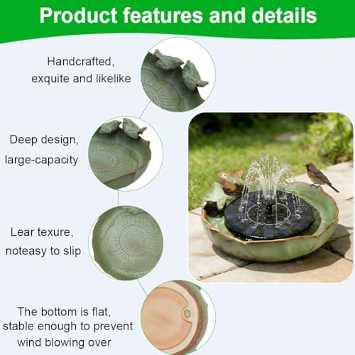 Solar Hummingbird Fountain,Ceramic Birdbath Bowl Water for Outdoor, Solar Powered Ground Bird Feeders and birdbath for Outdoors, Tabletop, Deck, Balcony Patio, Lawn,Yard Garden Decor
